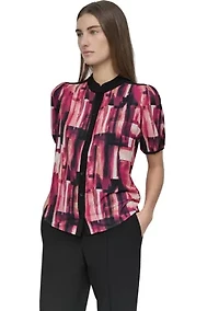 Women's Button Front Puff Sleeve Top