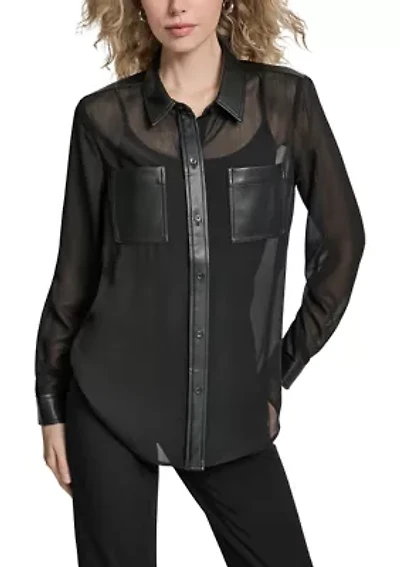 Women's Long-Sleeve Mesh Button-Down Top