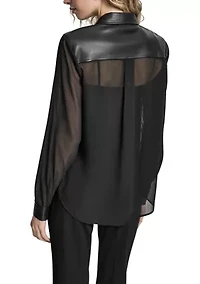 Women's Long-Sleeve Mesh Button-Down Top