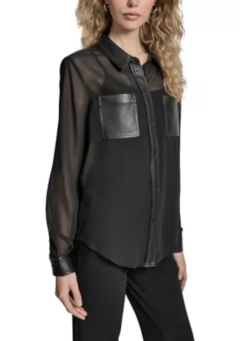 Women's Long-Sleeve Mesh Button-Down Top