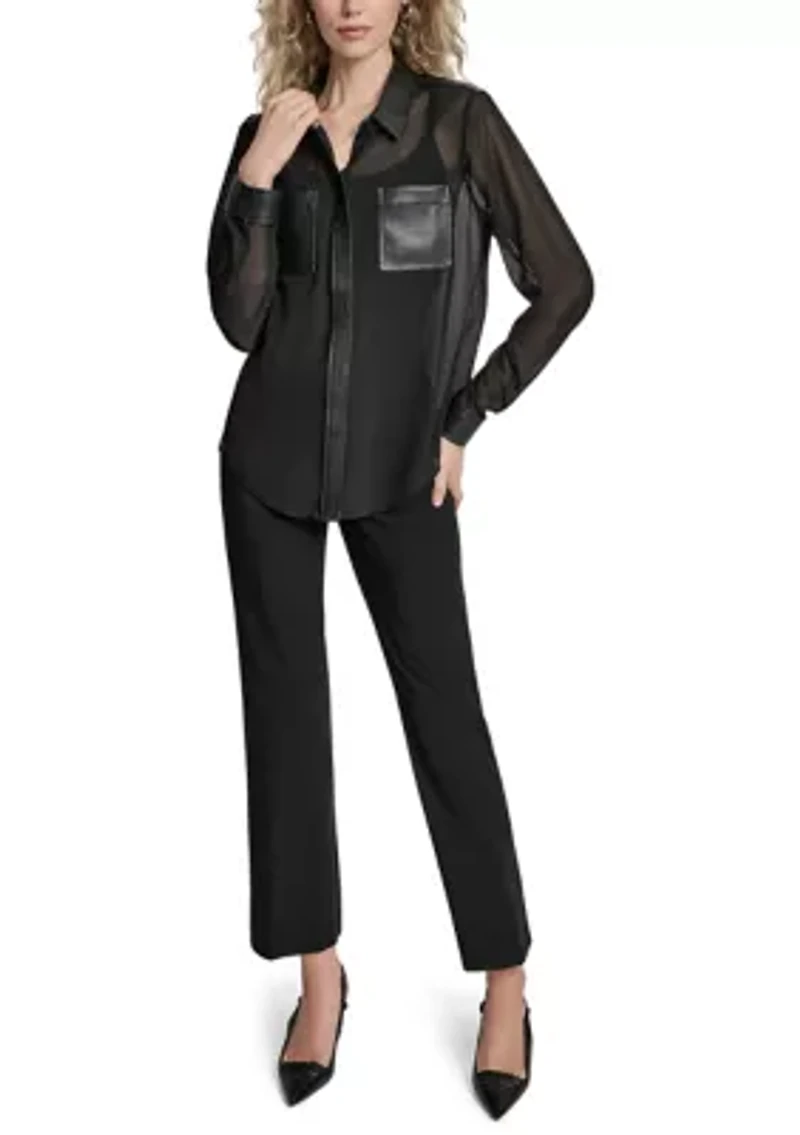 Women's Long-Sleeve Mesh Button-Down Top