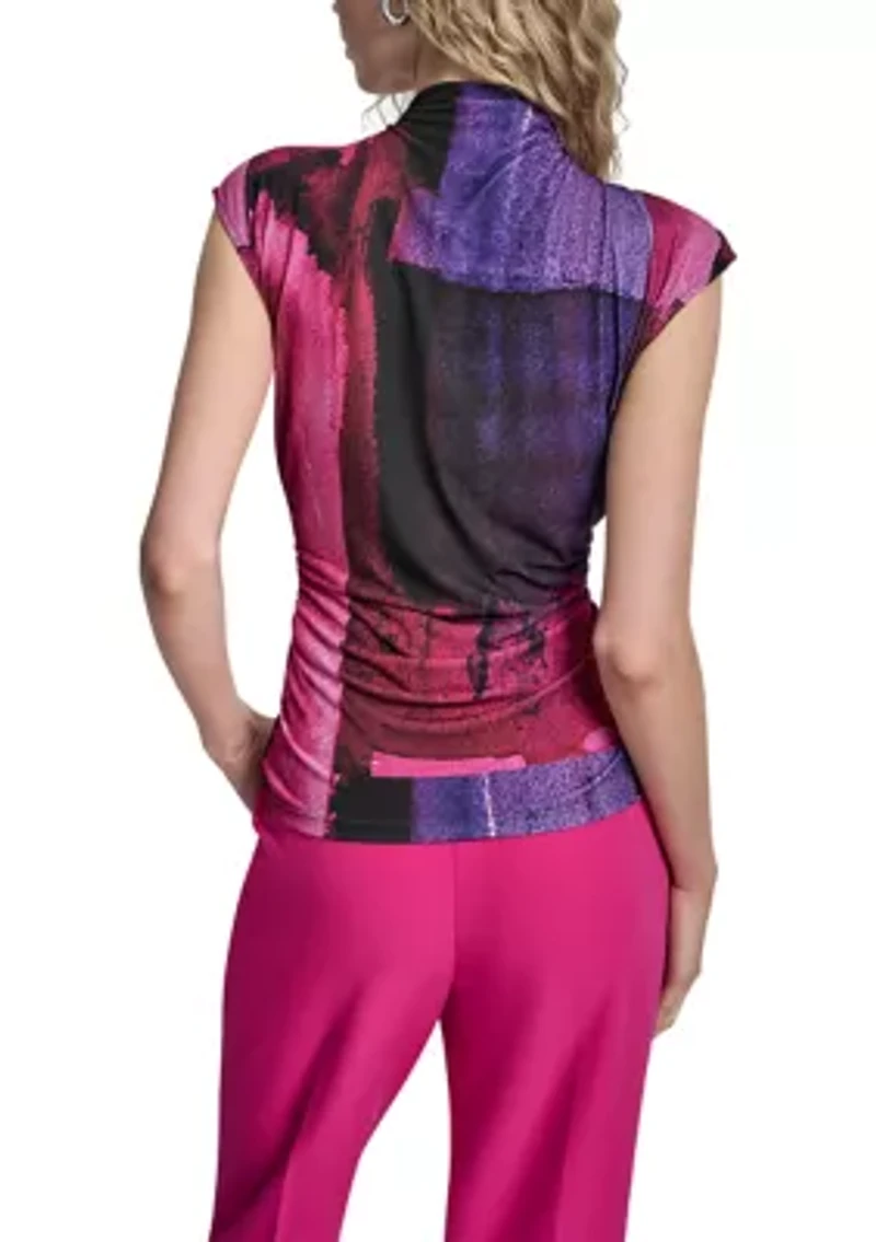 Women's Cap Sleeve High Neck Printed Top