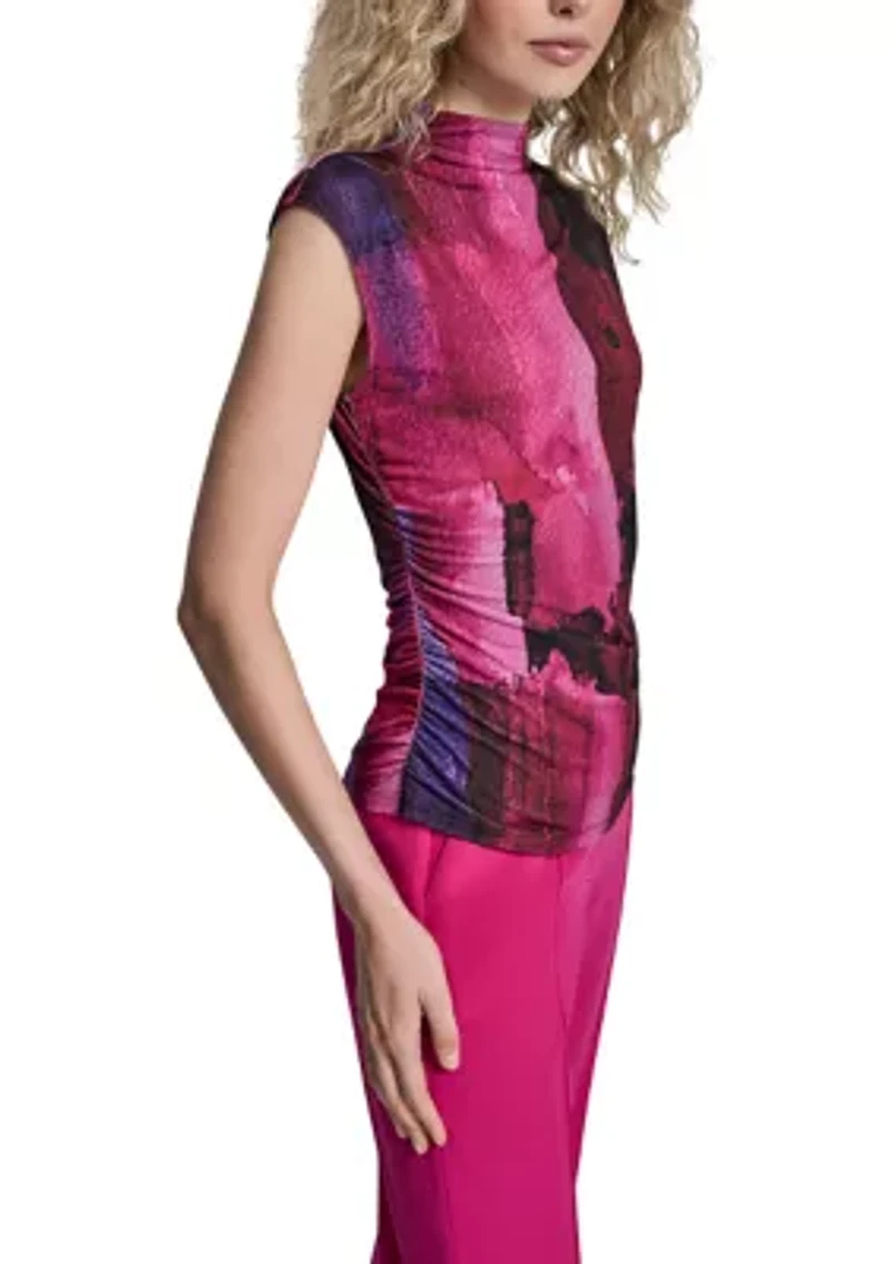 Women's Cap Sleeve High Neck Printed Top