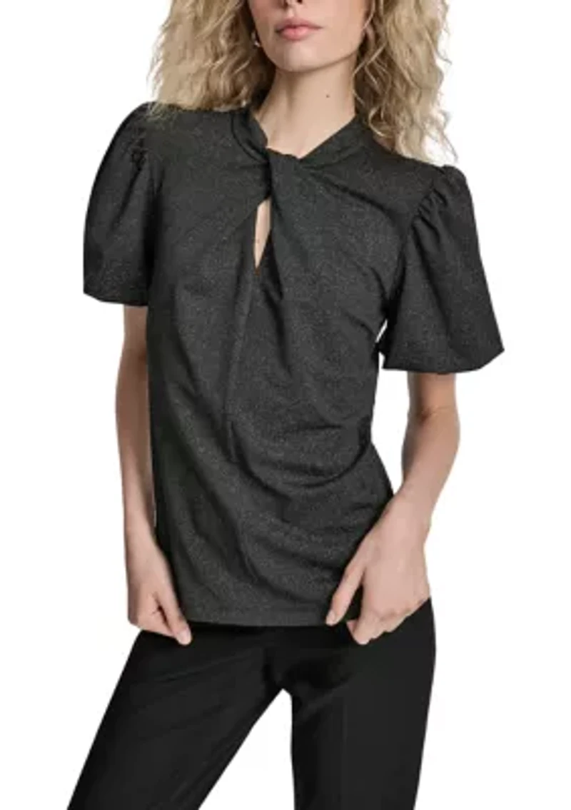 Women's Puff Short-Sleeve Top with Neck Pleat