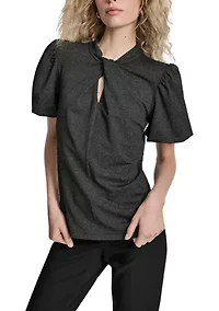 Women's Puff Short-Sleeve Top with Neck Pleat