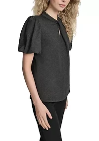 Women's Puff Short-Sleeve Top with Neck Pleat