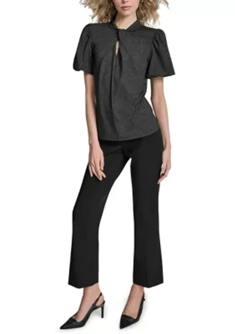 Women's Puff Short-Sleeve Top with Neck Pleat