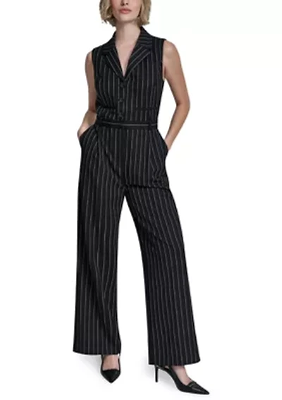 Women's Sleeveless Pinstripe Belted Jumpsuit