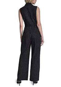 Women's Sleeveless Pinstripe Belted Jumpsuit