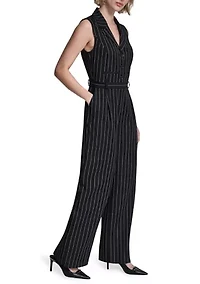 Women's Sleeveless Pinstripe Belted Jumpsuit