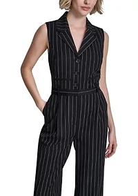 Women's Sleeveless Pinstripe Belted Jumpsuit