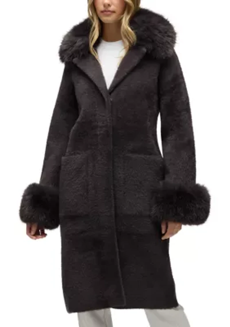 Women’s Longline Elegant Coatigan with Detachable Fur Collar and Cuffs