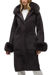 Women’s Longline Elegant Coatigan with Detachable Fur Collar and Cuffs