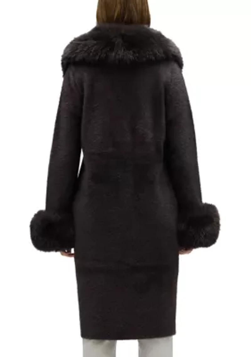 Women’s Longline Elegant Coatigan with Detachable Fur Collar and Cuffs