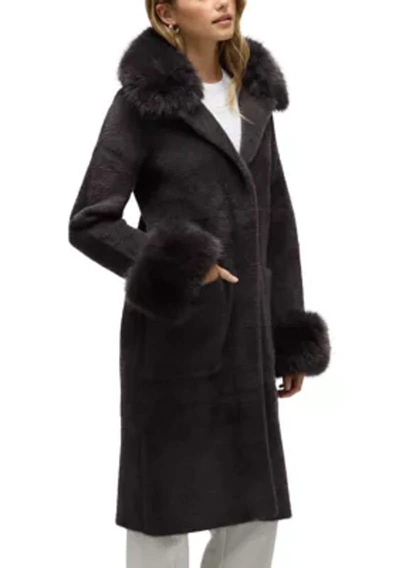 Women’s Longline Elegant Coatigan with Detachable Fur Collar and Cuffs