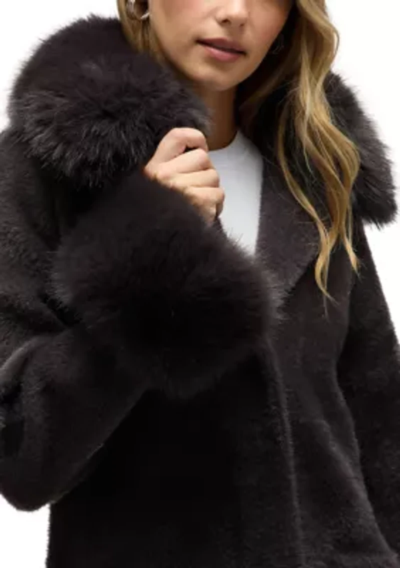 Women’s Longline Elegant Coatigan with Detachable Fur Collar and Cuffs