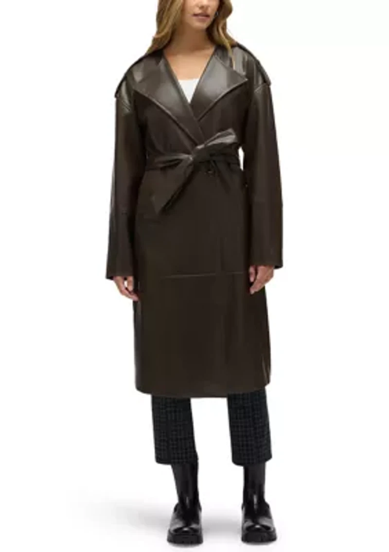 Women’s Poet Lapel Belted Faux Leather Trench Coat
