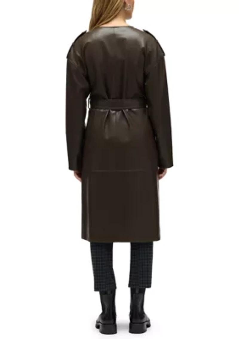 Women’s Poet Lapel Belted Faux Leather Trench Coat