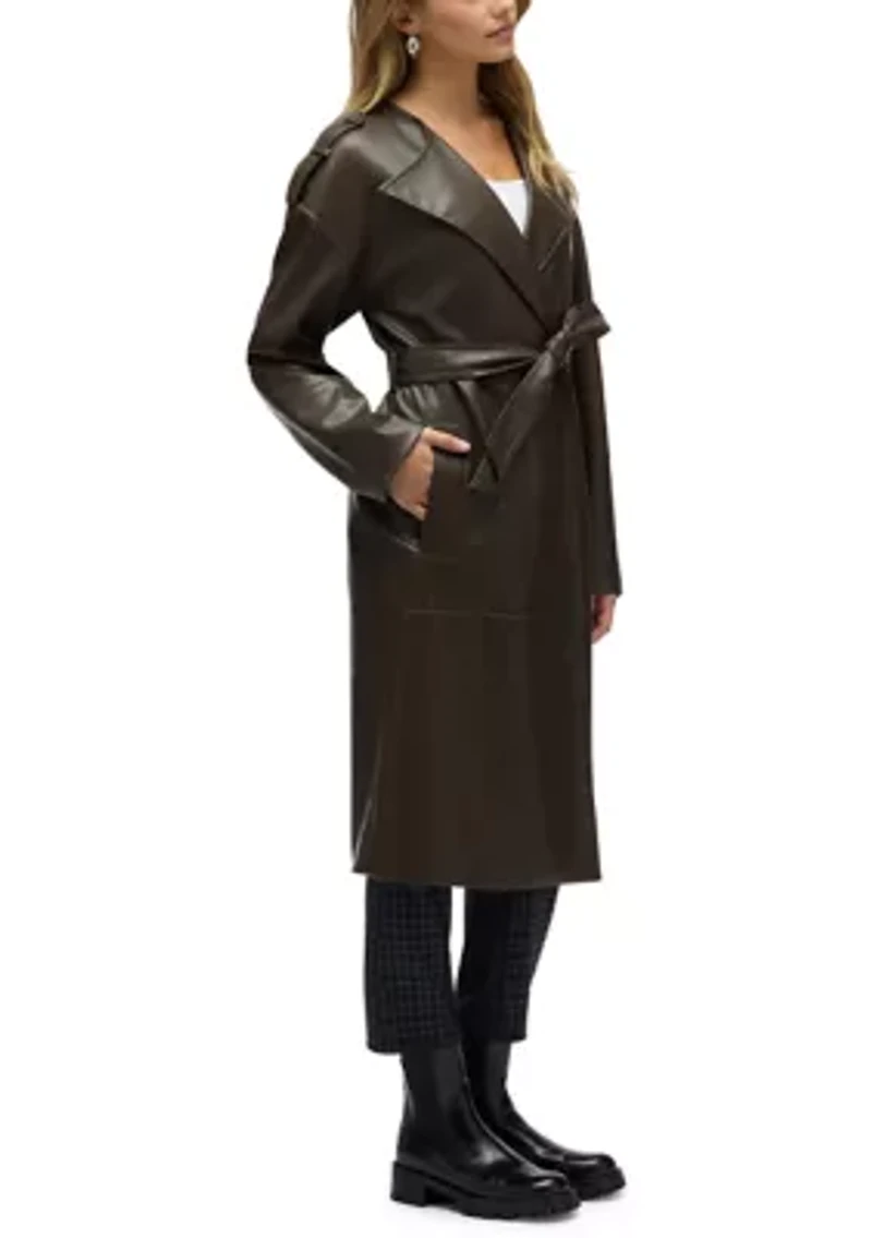 Women’s Poet Lapel Belted Faux Leather Trench Coat