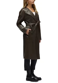 Women’s Poet Lapel Belted Faux Leather Trench Coat