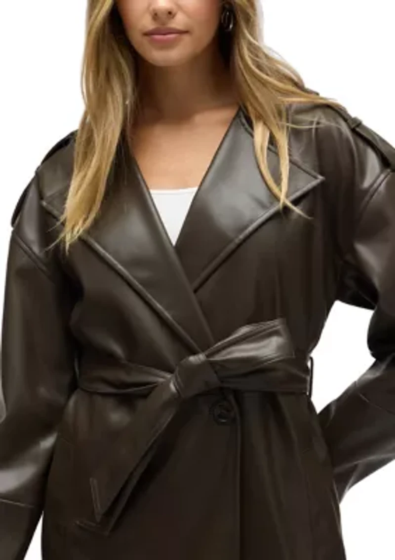 Women’s Poet Lapel Belted Faux Leather Trench Coat