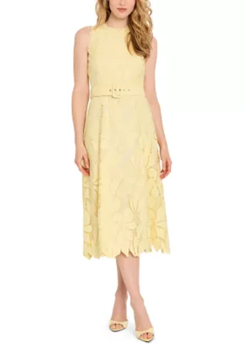 Women's Sleeveless Lace Belted Midi Dress