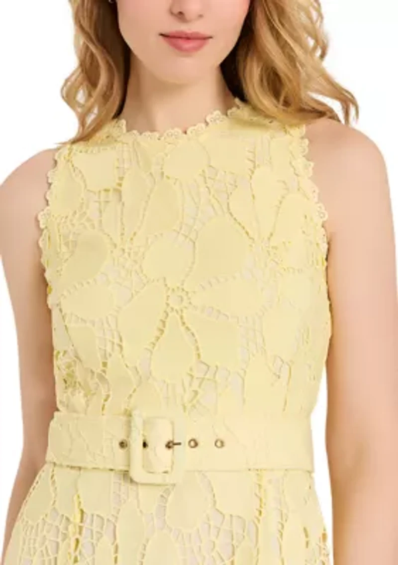 Women's Sleeveless Lace Belted Midi Dress