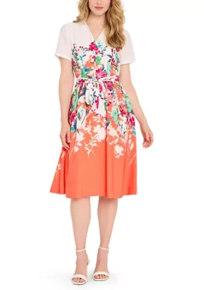 Women's Short Sleeve Border Floral Belted Shirdress