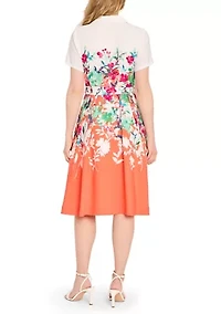 Women's Short Sleeve Border Floral Belted Shirdress