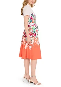 Women's Short Sleeve Border Floral Belted Shirdress