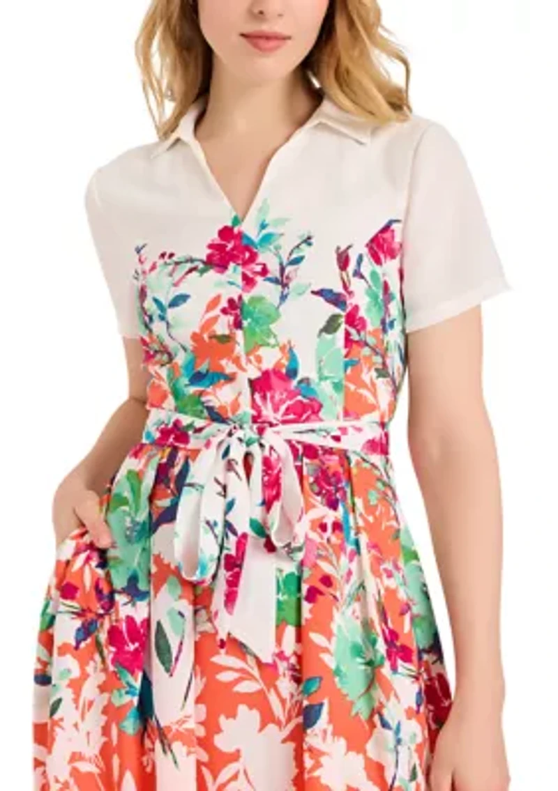 Women's Short Sleeve Border Floral Belted Shirdress