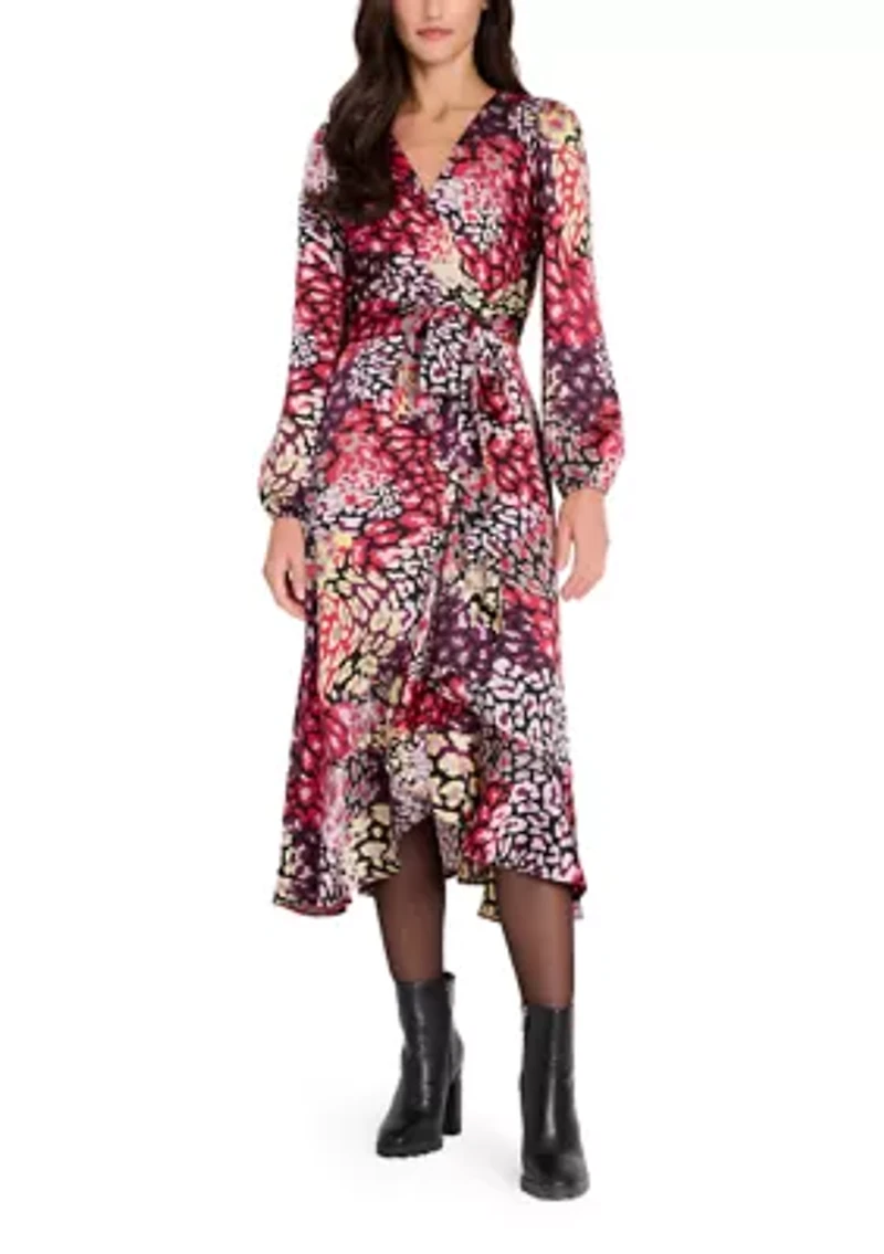 Women's Long Sleeve Printed Satin Wrap Dress