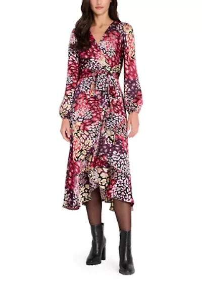 Women's Long Sleeve Printed Satin Wrap Dress