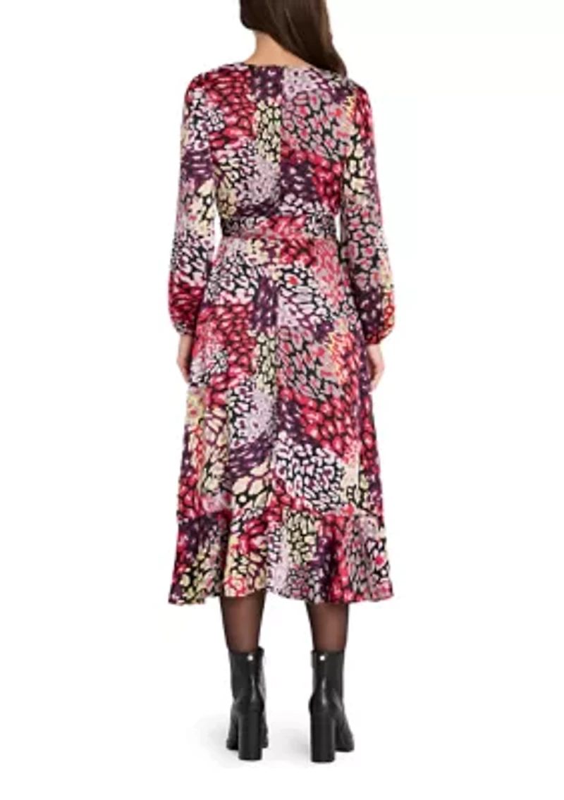 Women's Long Sleeve Printed Satin Wrap Dress