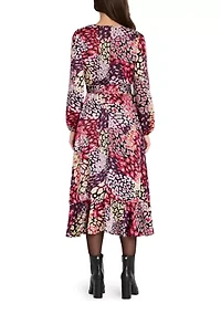 Women's Long Sleeve Printed Satin Wrap Dress