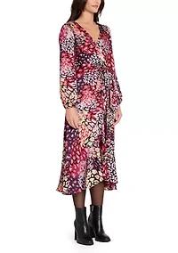 Women's Long Sleeve Printed Satin Wrap Dress