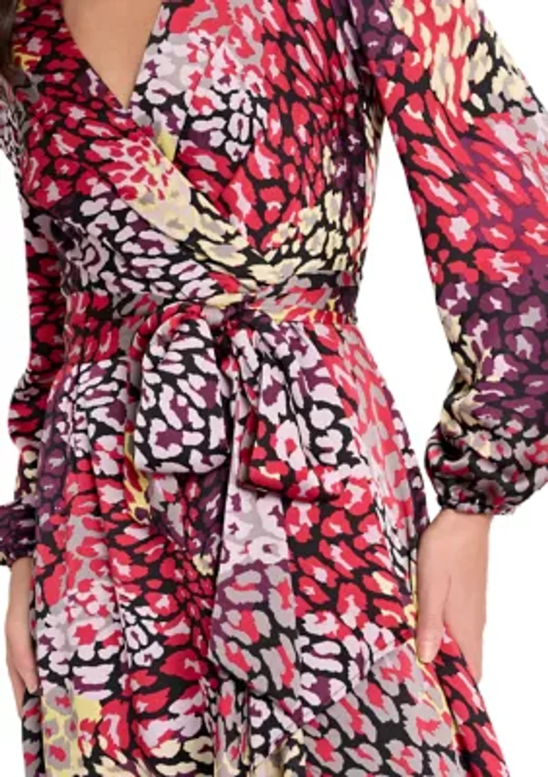 Women's Long Sleeve Printed Satin Wrap Dress