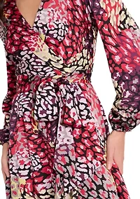 Women's Long Sleeve Printed Satin Wrap Dress