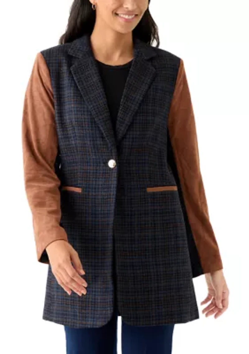 Women's Long Plaid Vegan Leather One Button Jacket