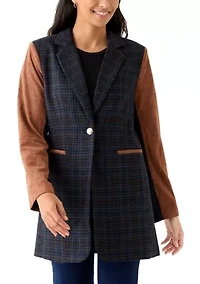 Women's Long Plaid Vegan Leather One Button Jacket
