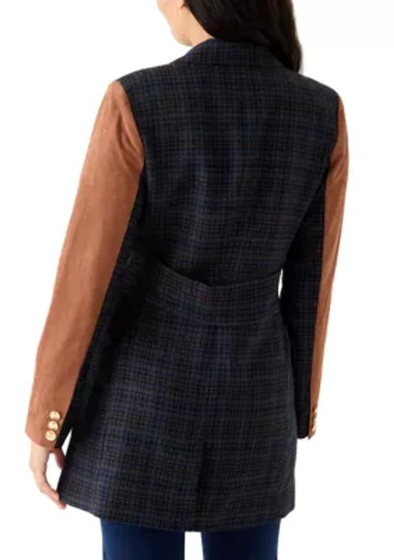 Women's Long Plaid Vegan Leather One Button Jacket