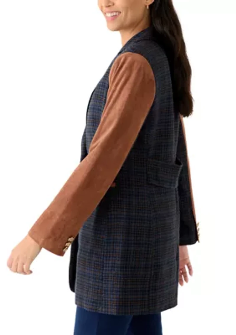 Women's Long Plaid Vegan Leather One Button Jacket