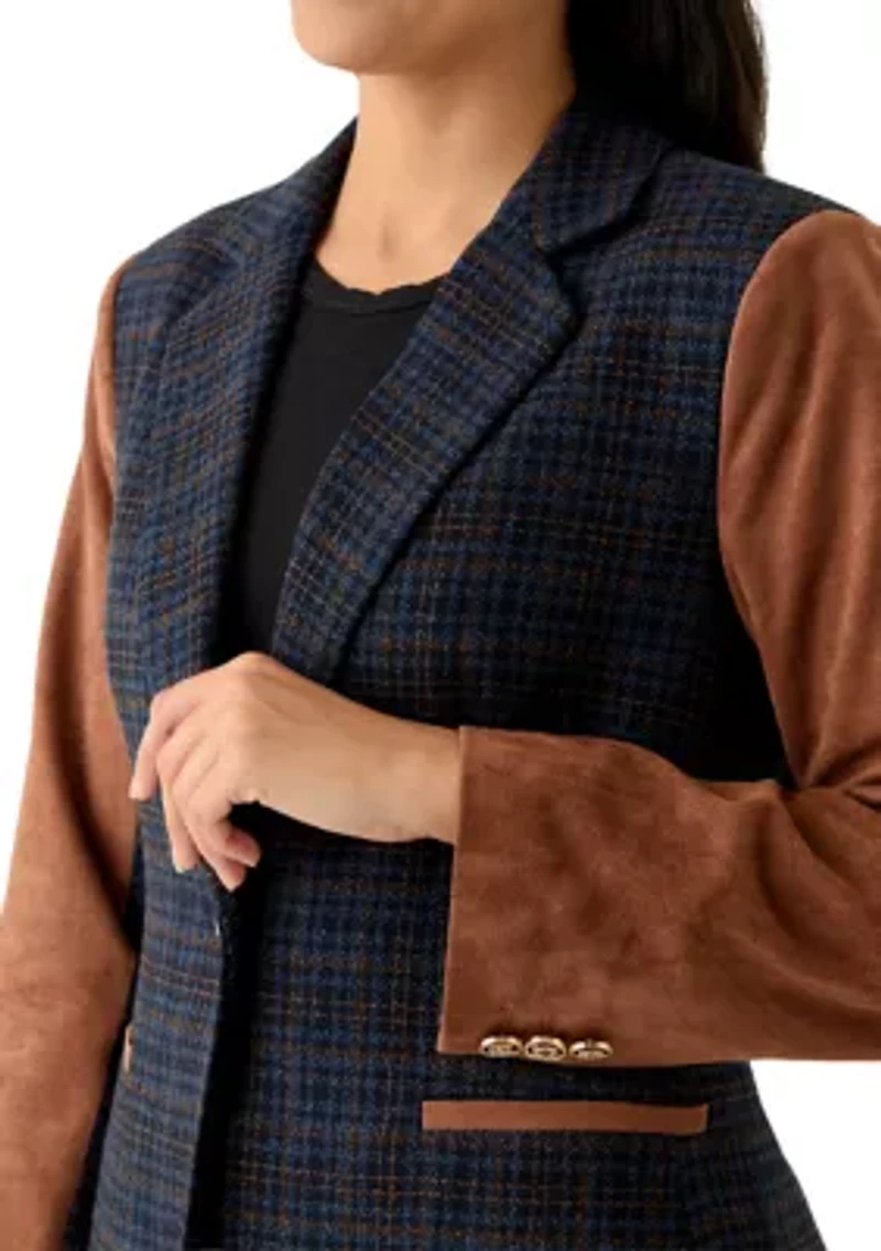 Women's Long Plaid Vegan Leather One Button Jacket