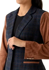 Women's Long Plaid Vegan Leather One Button Jacket