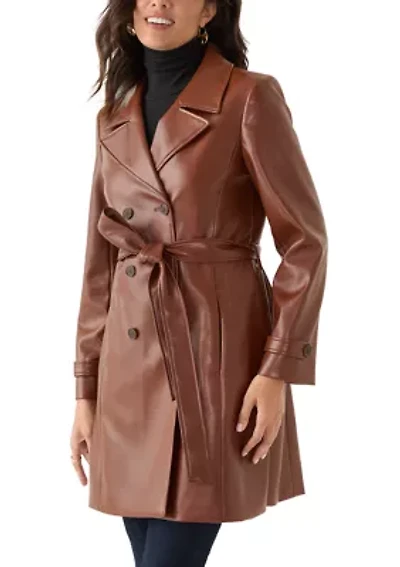 Women's Vegan Leather Belted Trench Coat