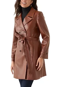 Women's Vegan Leather Belted Trench Coat