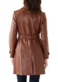 Women's Vegan Leather Belted Trench Coat