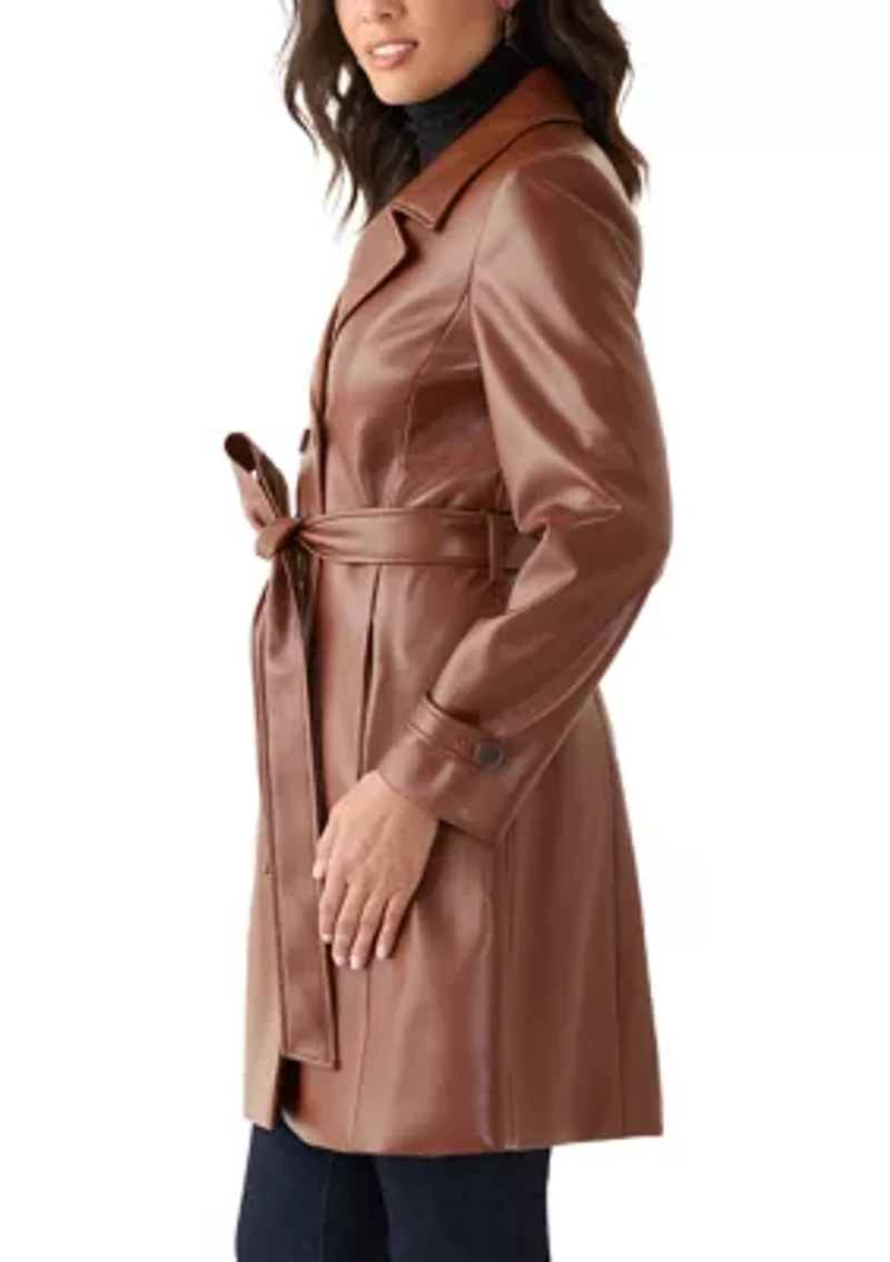 Women's Vegan Leather Belted Trench Coat