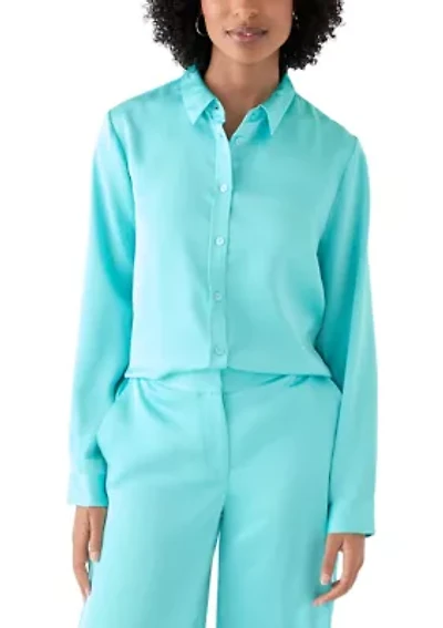 Women's Long Sleeve Satin Button Front Blouse