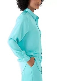 Women's Long Sleeve Satin Button Front Blouse